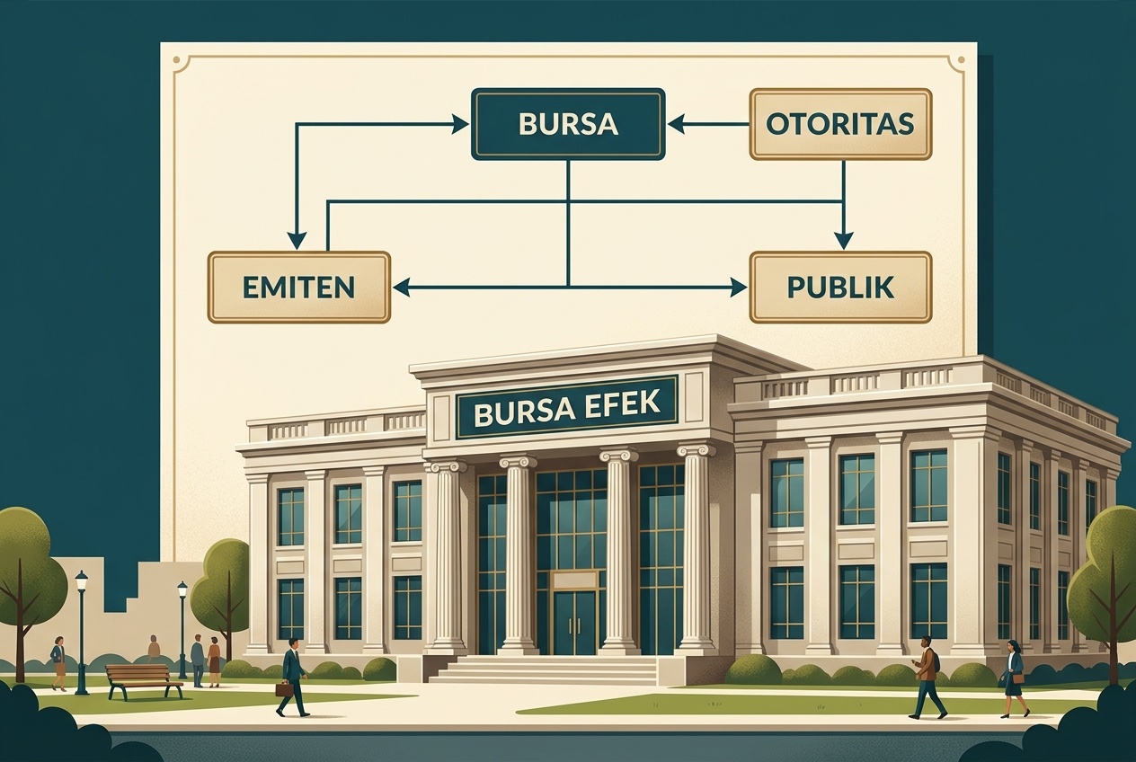 Gedung dengan papan nama bursa dan diagram sederhana yang menggambarkan lembaga pasar modal Indonesia