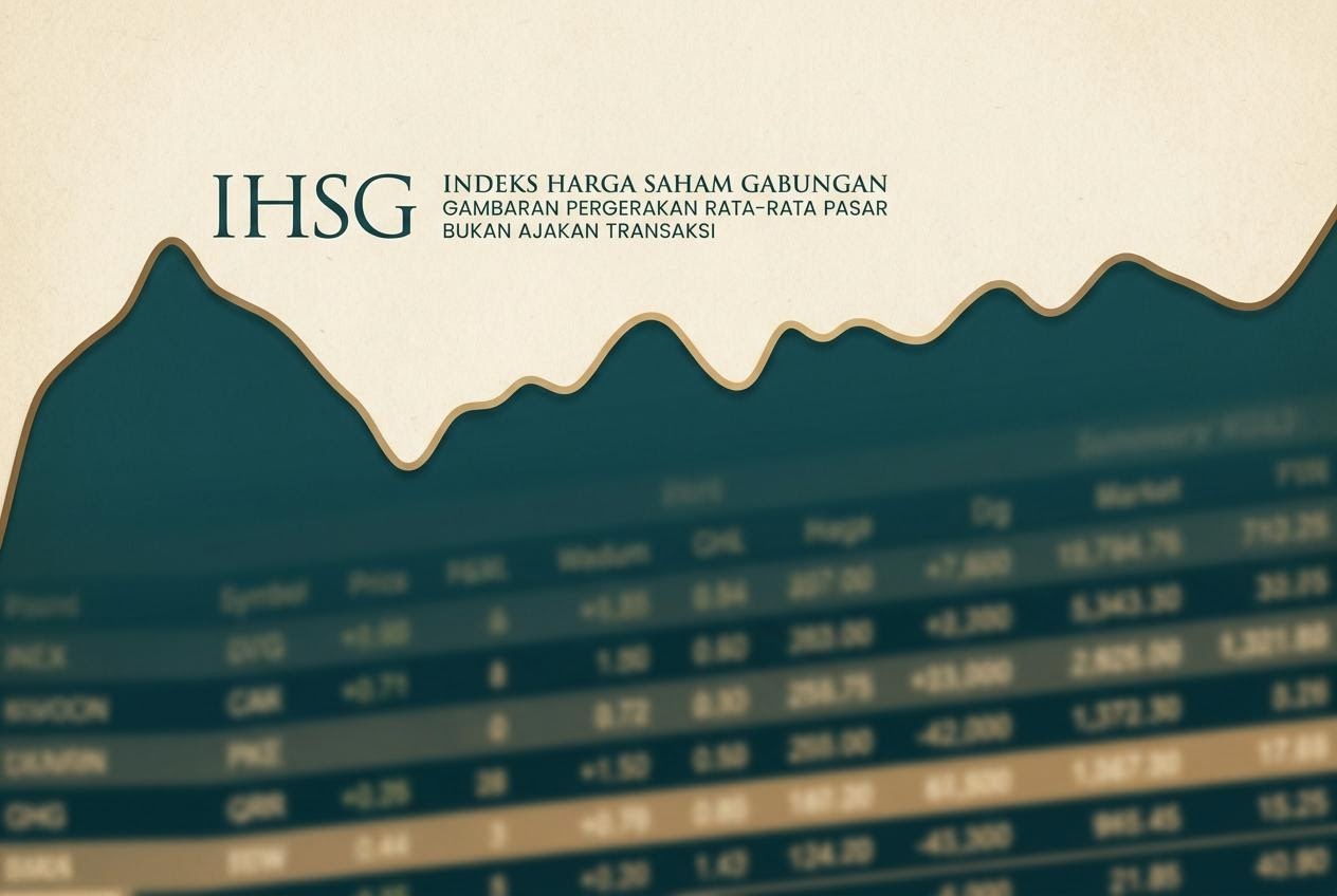 Layar menampilkan grafik garis indeks gabungan dengan papan informasi pasar di latar belakang