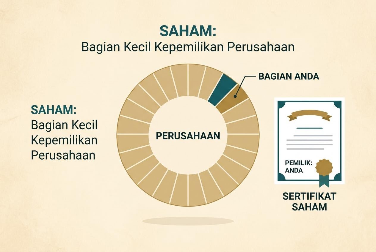 Ilustrasi sertifikat kepemilikan dan potongan-potongan yang menggambarkan saham sebuah perusahaan