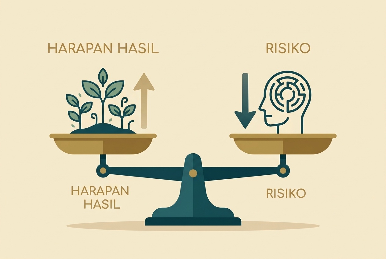 Timbangan sederhana yang menggambarkan keseimbangan antara harapan hasil dan risiko investasi
