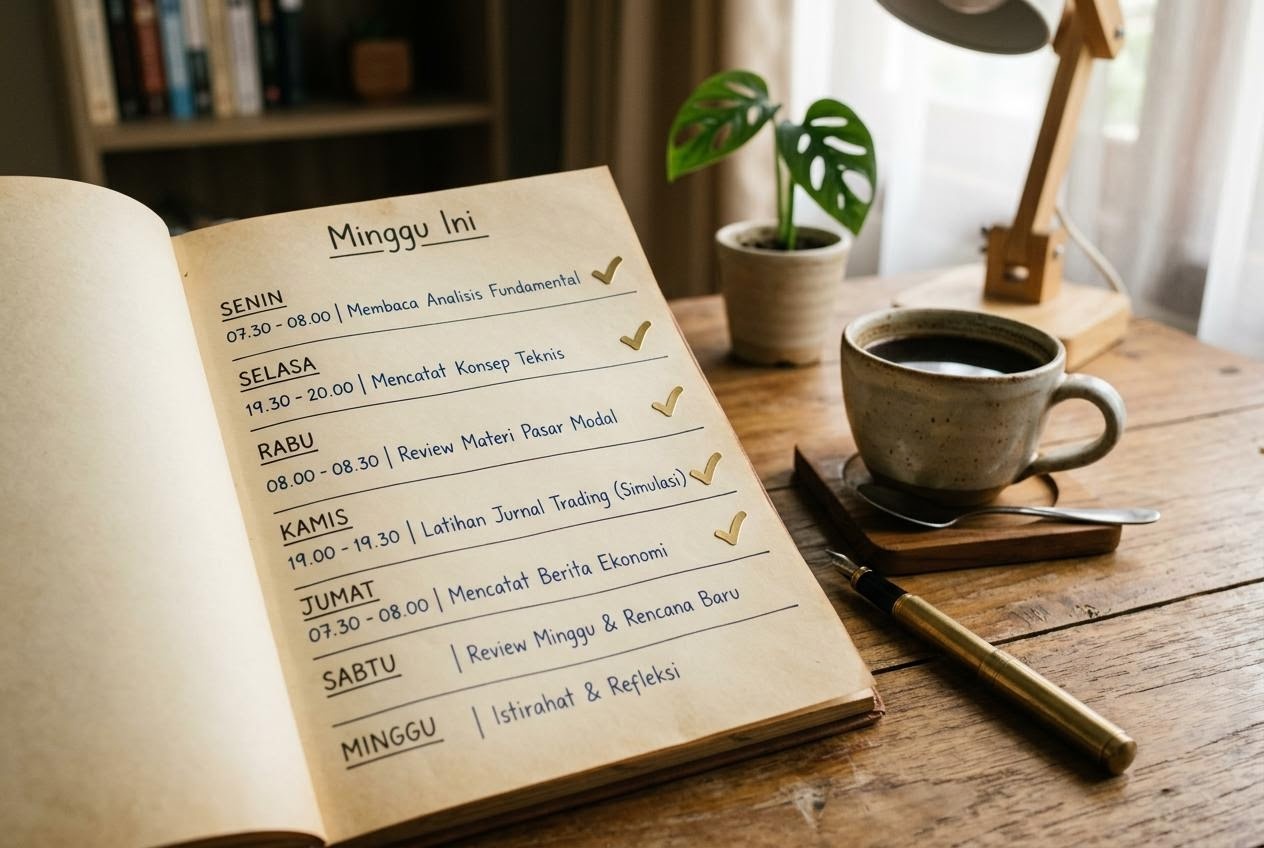 Buku catatan terbuka dengan jadwal mingguan dan secangkir kopi menggambarkan rutinitas belajar