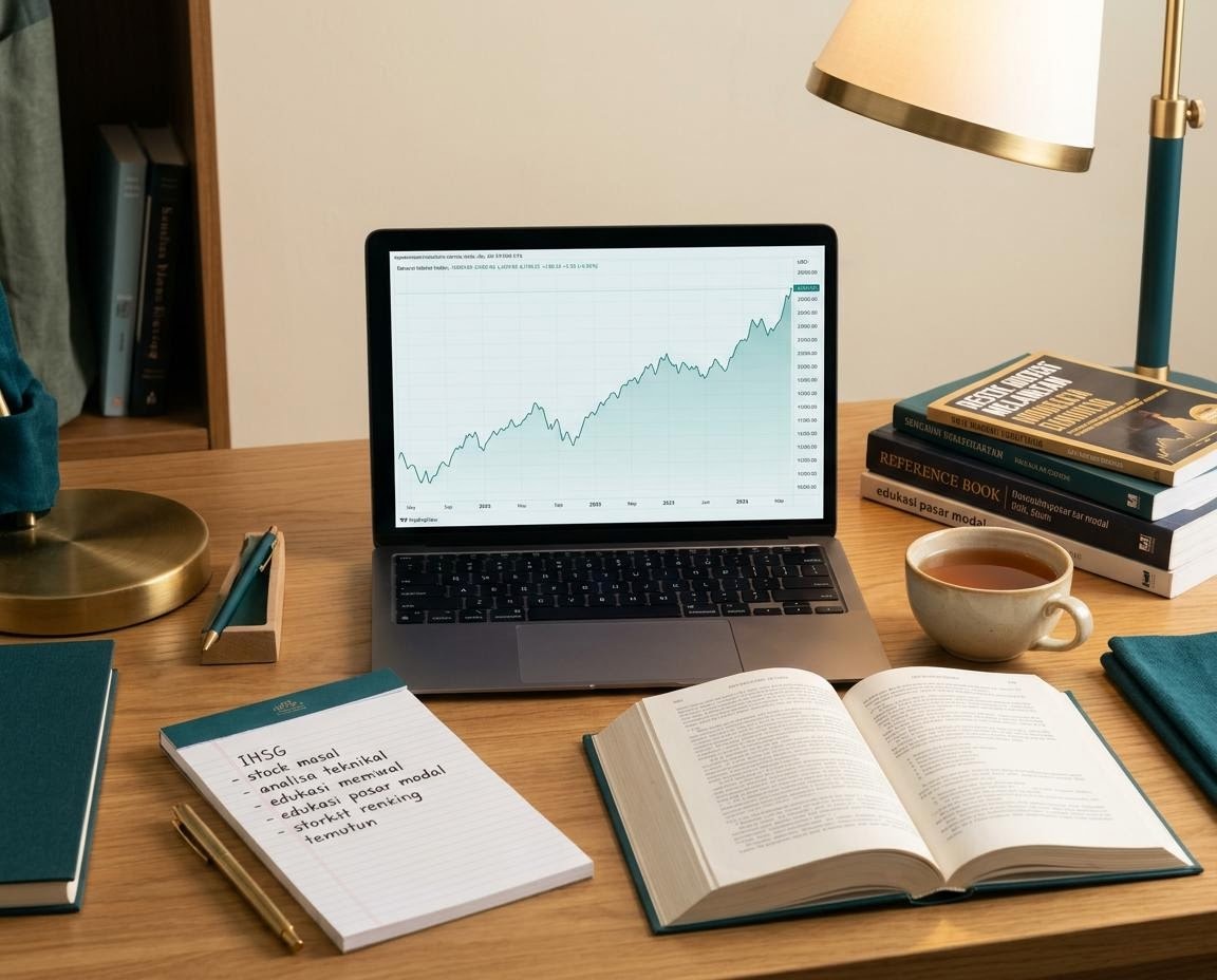 Meja editorial Ruang Belajar Pasar Modal dengan tumpukan catatan istilah saham dan layar berisi grafik indeks